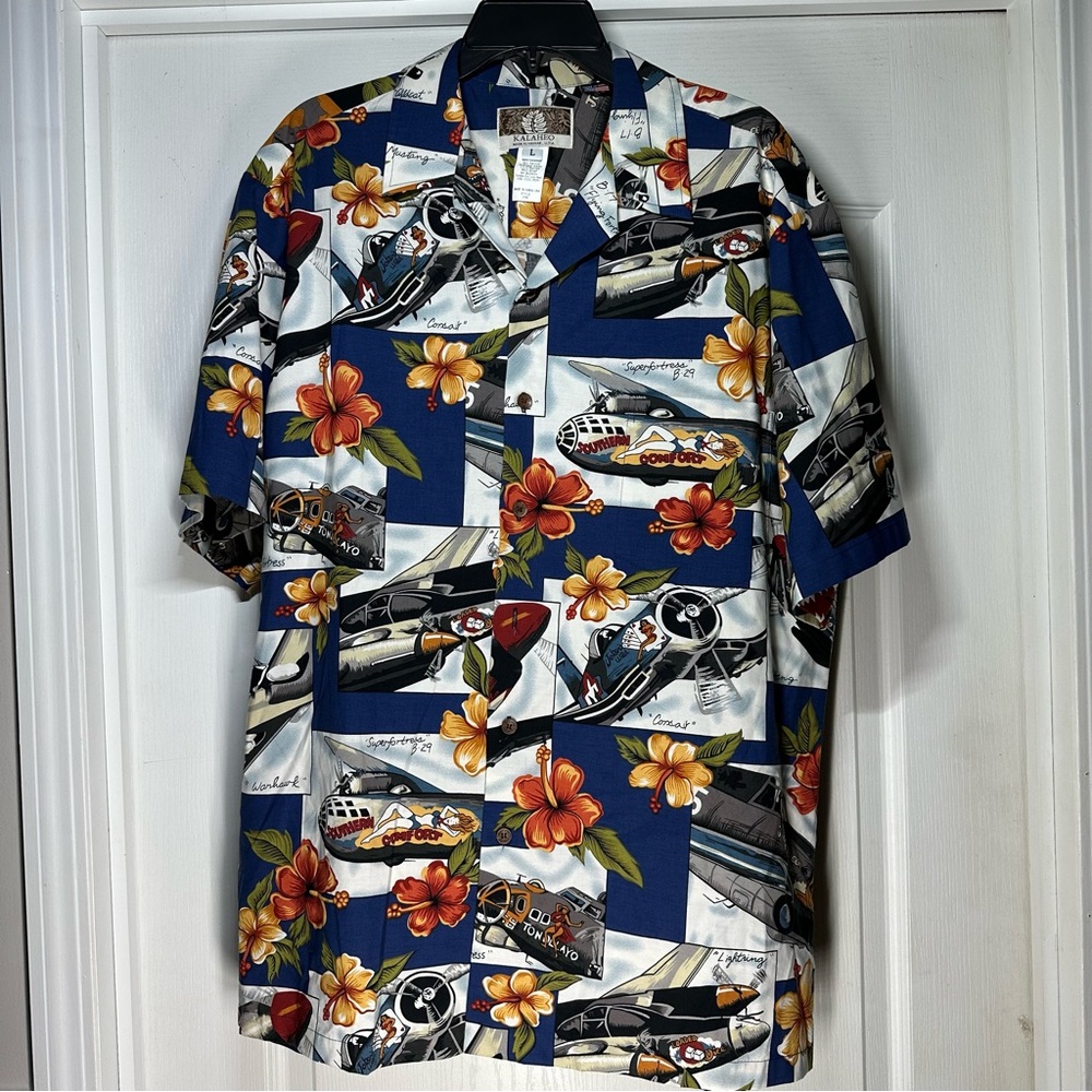 Men’s Hawaiian Kalaheo WWII number planes B29 B17 print Large Made in Hawaii